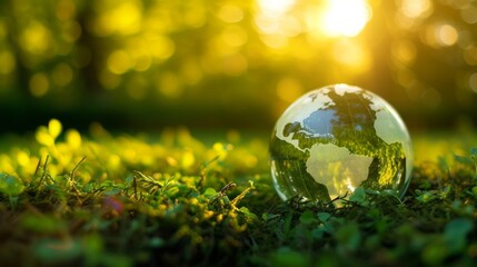 Obraz na płótnie Canvas Glass globe on grass illuminated by sunlight, reflecting a clear map of Earth amid greenery.