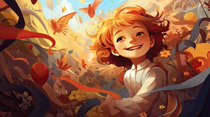 Obraz na płótnie Canvas Happy children in nature with birds and flowers. Illustration. Children's Day