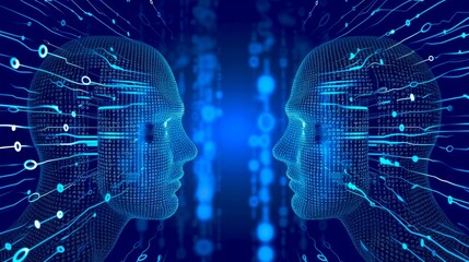 Two silhouetted human profiles facing each other against a digital blue background filled with glowing white and blue circuit patterns, light streaks and binary code, conveying a theme of AI.