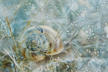  A close-up of a snail merged with the texture of dew-covered grass in a double exposure 