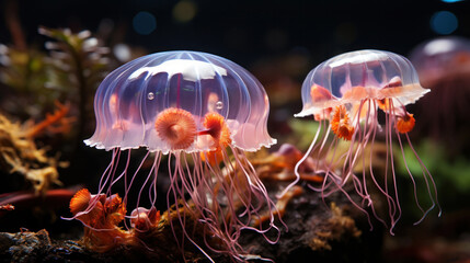 Obraz premium Beautiful of Glowing sea jellyfishes on dark background.