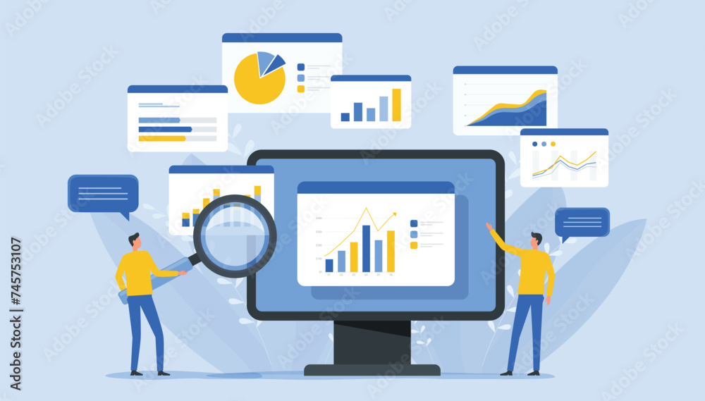 Aufkleber business team people working for data analytics research. and monitoring on the web report dashboard monitor. business finance investment planning design  flat vector illustration design concept
