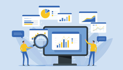 business team people working for data analytics research. and monitoring on the web report dashboard monitor. business finance investment planning design  flat vector illustration design concept
