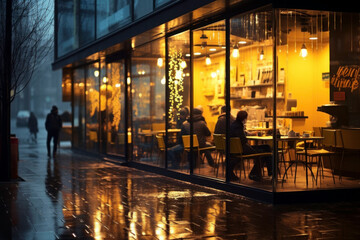 People sitting in coffee shop at night on rainy evening. Exterior of restaurant with large front store windows. Small business. Coffee house at night - 745753337