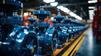 Fototapeta premium Blue valves in a factory, industrial and manufacturing concepts.