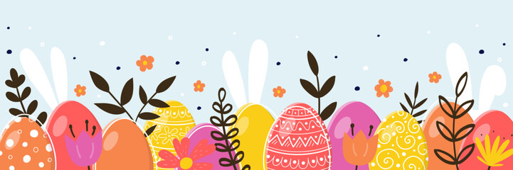 Trendy Easter banner. Design of a background with rabbits, eggs and flowers. Vector illustration