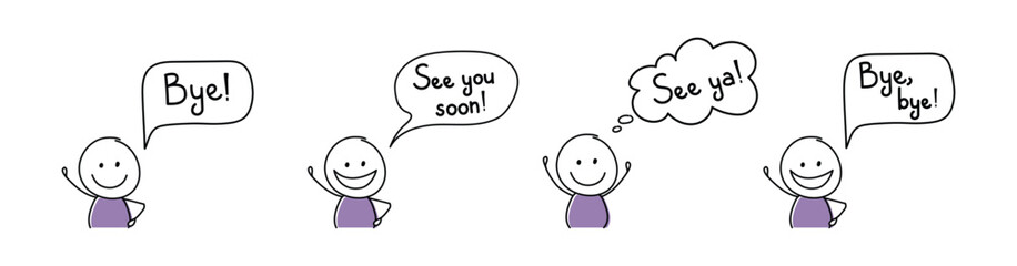 Smiley cartoon people with text - bye, see ya, see you soon. Vector