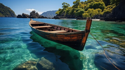 Fototapeta na wymiar Panoramic of Thailand traditional wooden longtail boat on a small island beach. Travel concept