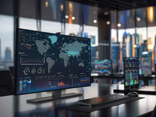 Futuristic business analytics platform displaying global markets and financial insights on a digital command center
