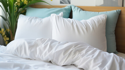 Pristine white bed with pillow in the room.
