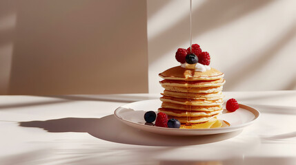 Stack of delicious pancakes with raspberries and blueberries, syrup flowing high above. Aesthetic kitchen. Generative AI - obrazy, fototapety, plakaty