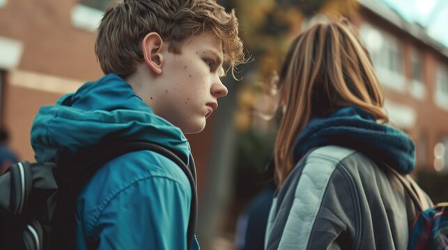 Unhappy love high school students boy and girl with boy loving girl and she is not near the school outdoors
