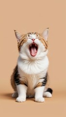 Cute Cat Yawning Against Solid Pastel Color Backdrop