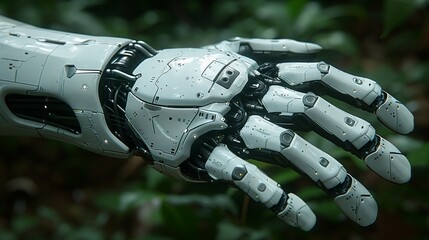 a close up of a robotic hand in the rain