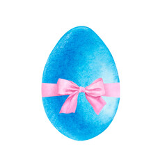 Watercolor blue Easter egg with pink bow isolated on white background. Hand drawn illustration. For design, greeting cards, invitations, congratulations, packaging, printing, business cards
