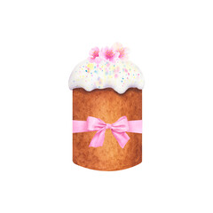Watercolor Easter cake with pink bow and flowers isolated on white background. Hand drawn illustration. For design, greeting cards, invitations, congratulations, packaging, printing, business cards
