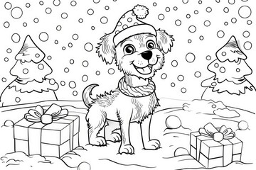 Coloring page for kids, dog in holidays, cartoon style, low detail, thick lines, no shading.