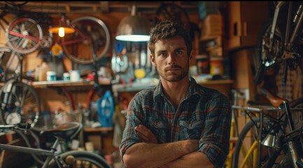 Portrait, serious and repair man in bicycle shop with arms crossed in workshop. - Powered by Adobe