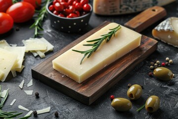Parmesan cheese on a wooden board, Hard cheese, olives, rosemary on a dark background.