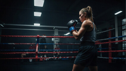 Woman boxer training in retro gym. Fitness, recreation and healthy lifestyle concept. Martial arts and fighting sports idea. Copy space.