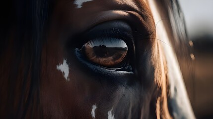 Friesian horse s brown eye sunlit emphasizing lashes generated ai - obrazy, fototapety, plakaty