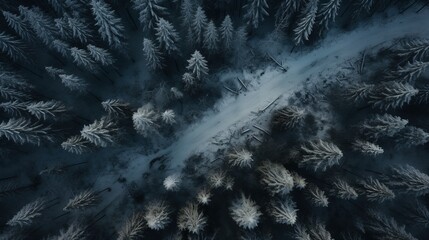 Road through the winter forest, top view