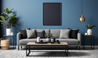 living room interior with mock up poster frame,