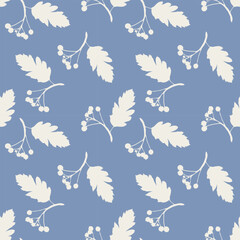 Blue pattern with Rowan branch imprint silhouette pastel color. Vector illustration
