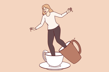 Large coffee cups on legs of girl experiencing discomfort due to caffeine addiction. Young girl laughs and moves legs with difficulty, with glasses of coffee allowing to get extra energy