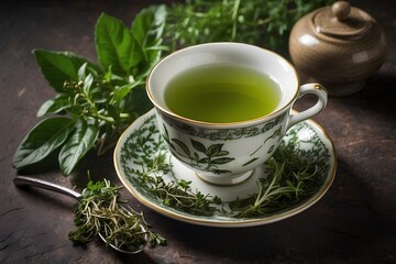 Obraz na płótnie Canvas Organic Green Herbal Tea: Fresh Dried Leaves for Pure Delight