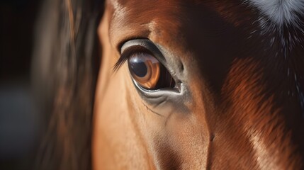 A brown horse eye with a patch of snow on its side.
