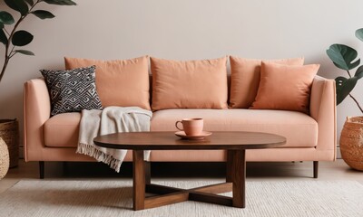 Minimal living room with wooden coffee table near sofa close-up