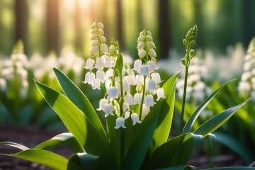 Fototapeten Lily of the valley in the spring forest. Spring landscape. © Svetlana