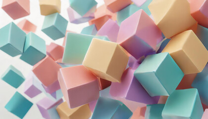 Three dimensional render of pastel colored cubes floating against pink background, 3D render