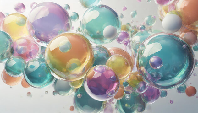 Three dimensional render of colored bubbles floating against white background, 3D render