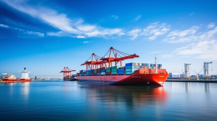 Logistics import export background of Container Cargo ship in seaport on blue sky, Freight Transportation