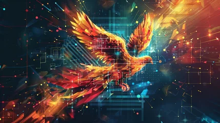 Poster an illustration of a digital phoenix rising from pixelated ashes, incorporating security symbols in its feathers, representing the resilience and regeneration of data security measures. © png-jpeg-vector