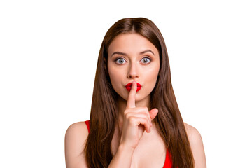 Fototapeta premium Top secret! Do not say to anyone! Close up photo portrait of attractive funky funny beautiful lovely cute pretty sexy nice confident adorable charming with big eyes asking to keep be patient
