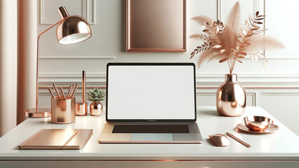 A chic and stylish office desk interior, featuring a laptop with a blank white screen mockup