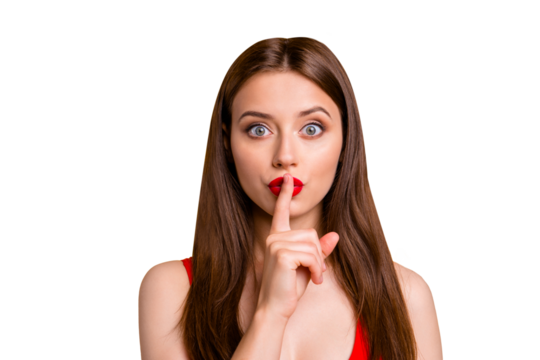 Top secret! Do not say to anyone! Close up photo portrait of attractive funky funny beautiful lovely cute pretty sexy nice confident adorable charming with big eyes asking to keep be patient