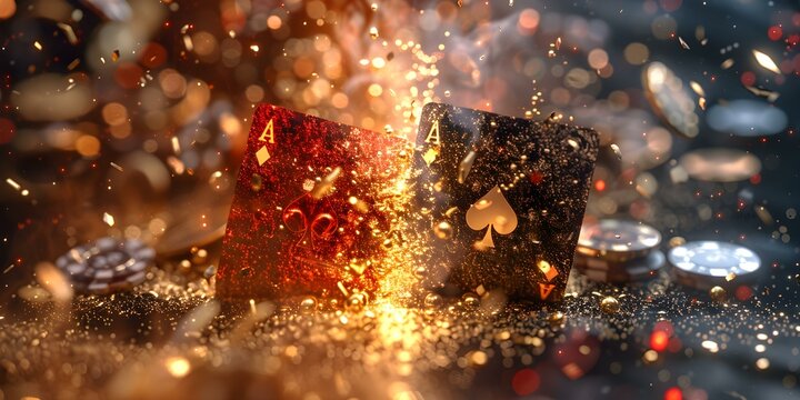 D rendered image featuring casino cards poker blackjack baccarat and gold. Concept 3D Rendering, Casino Cards, Poker, Blackjack, Baccarat, Gold