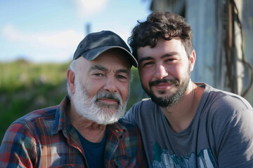 rural portrait of bearded father and son posing in their farm looking at camera