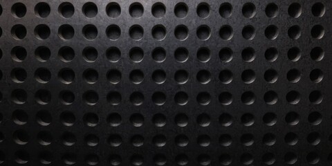Black perforated metal plate. Metal grill. Black metal texture steel background.