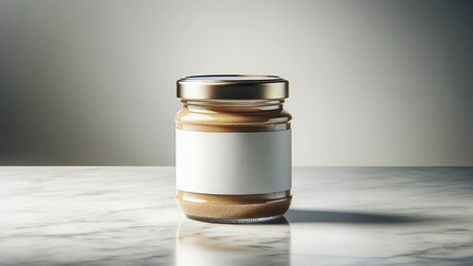 minimalist composition featuring a single glass jar of mixed nut butter with a blank label