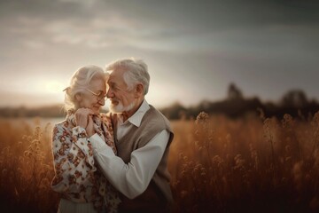 Portrait of happy senior couple embracing each other in field at sunset