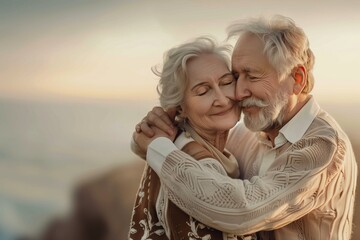 Portrait of happy senior couple embracing and looking at each other on the beach