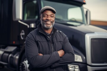 Smiling black truck driver standing proud in front of his truck with copy space right at sunset. Concept of transporters and truckers workers.