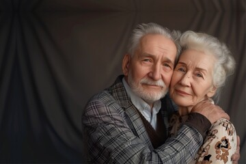 Portrait of a happy senior couple embracing on a gray background.