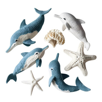 Collection of sea creatures and fish, depicted in a variety of styles, isolated on a white background