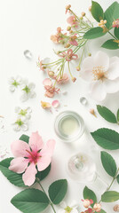 Floral essence natural skincare products with flowers and leaves